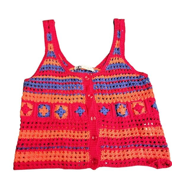 Zara NEW Colorful Granny Square Crochet Cotton Lightweight Tank Top Grandmacore - Picture 4 of 11